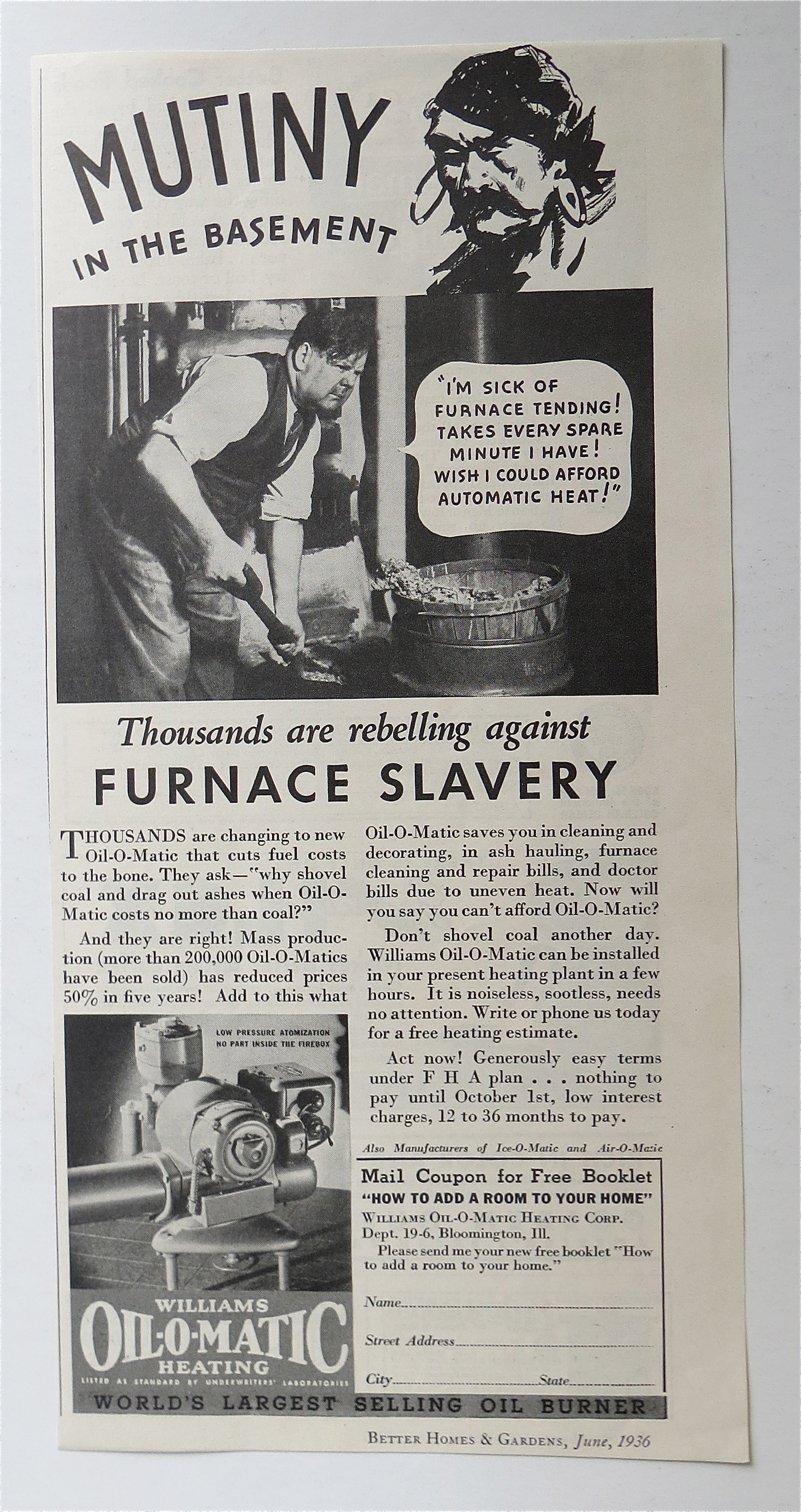1936 Williams Oil-O-Matic Heating with Man Stoking Fire