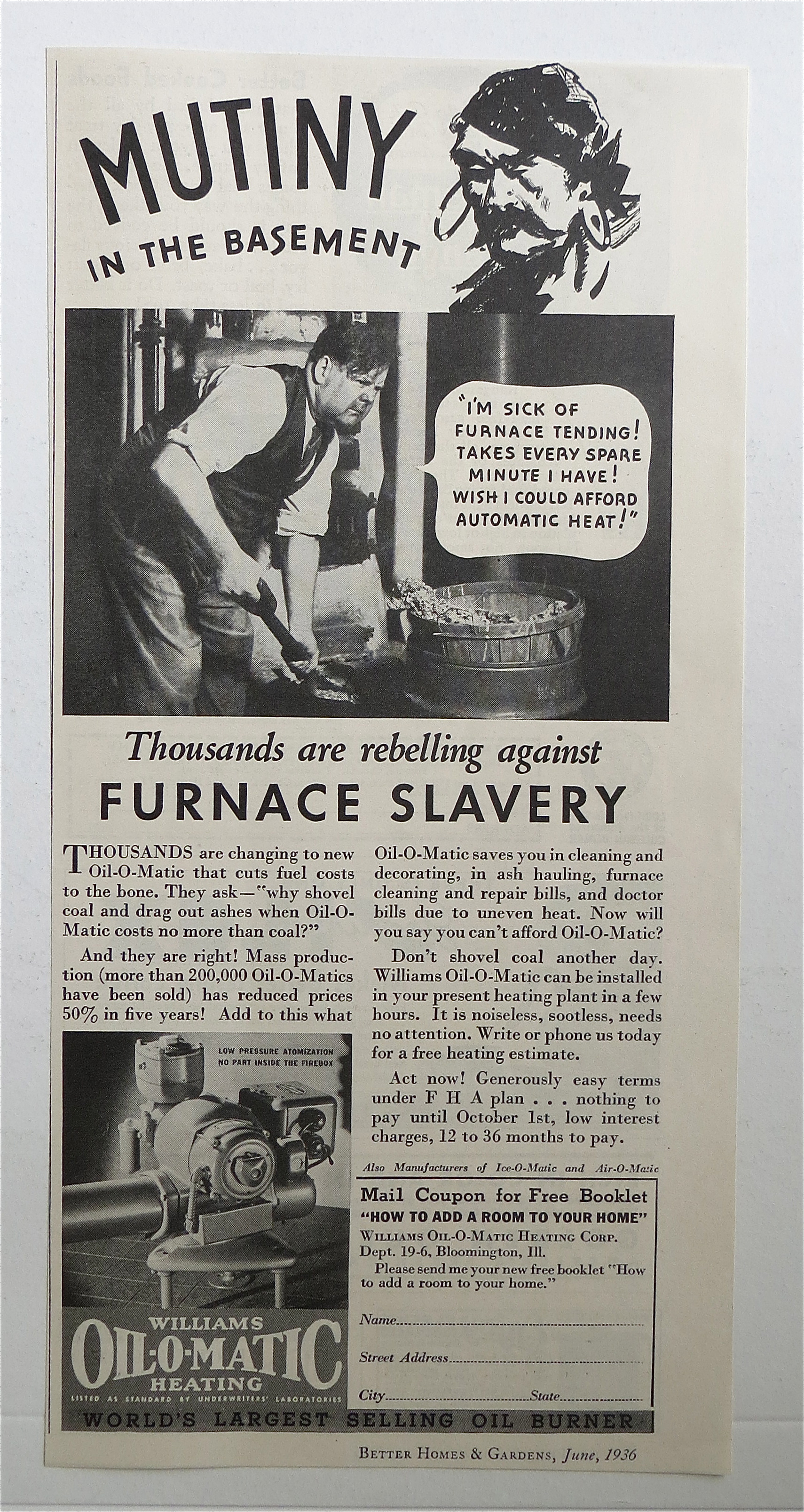 1936 Williams Oil-O-Matic Heating with Man Stoking Fire