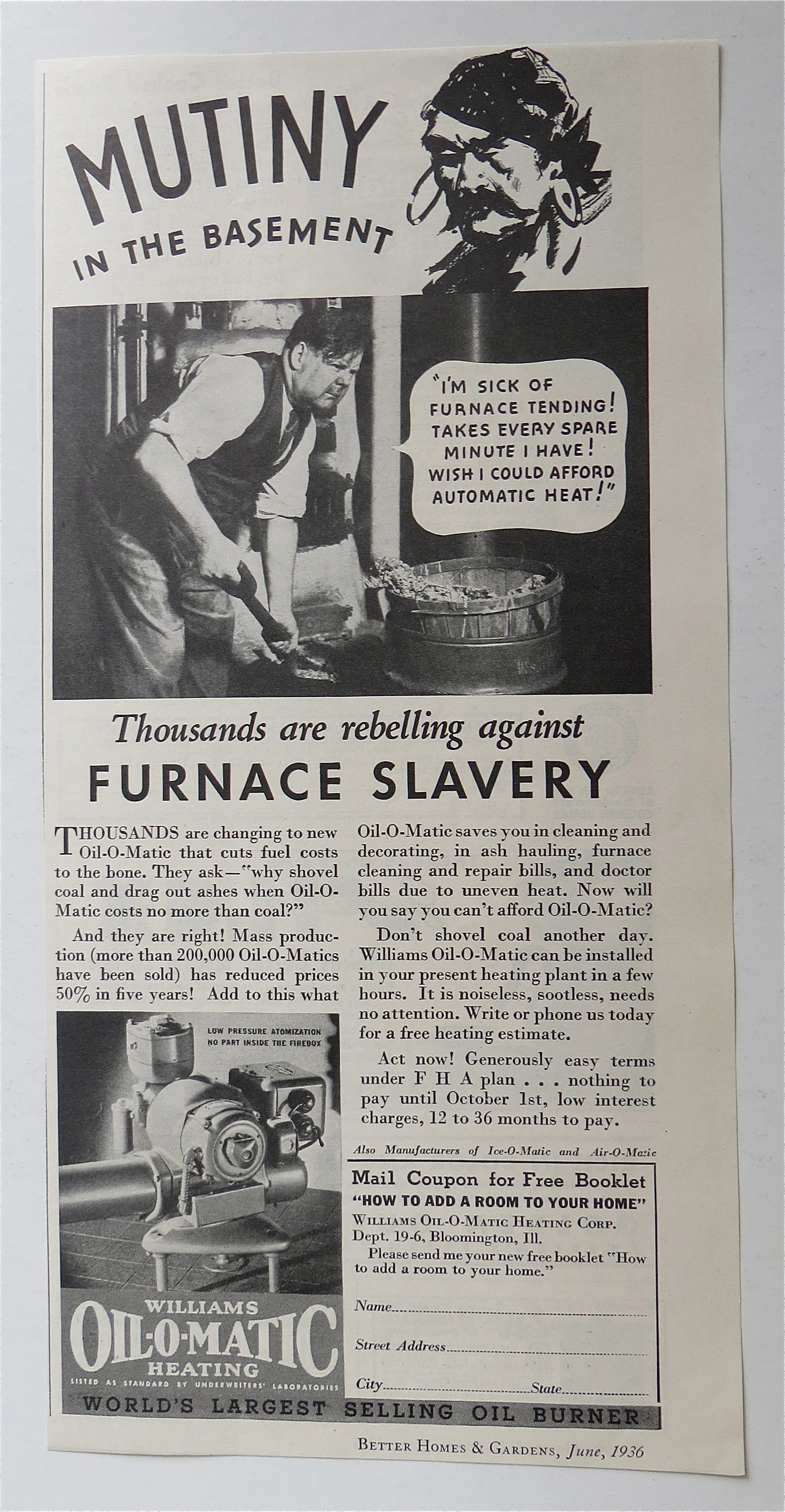 1936 Williams Oil-O-Matic Heating with Man Stoking Fire