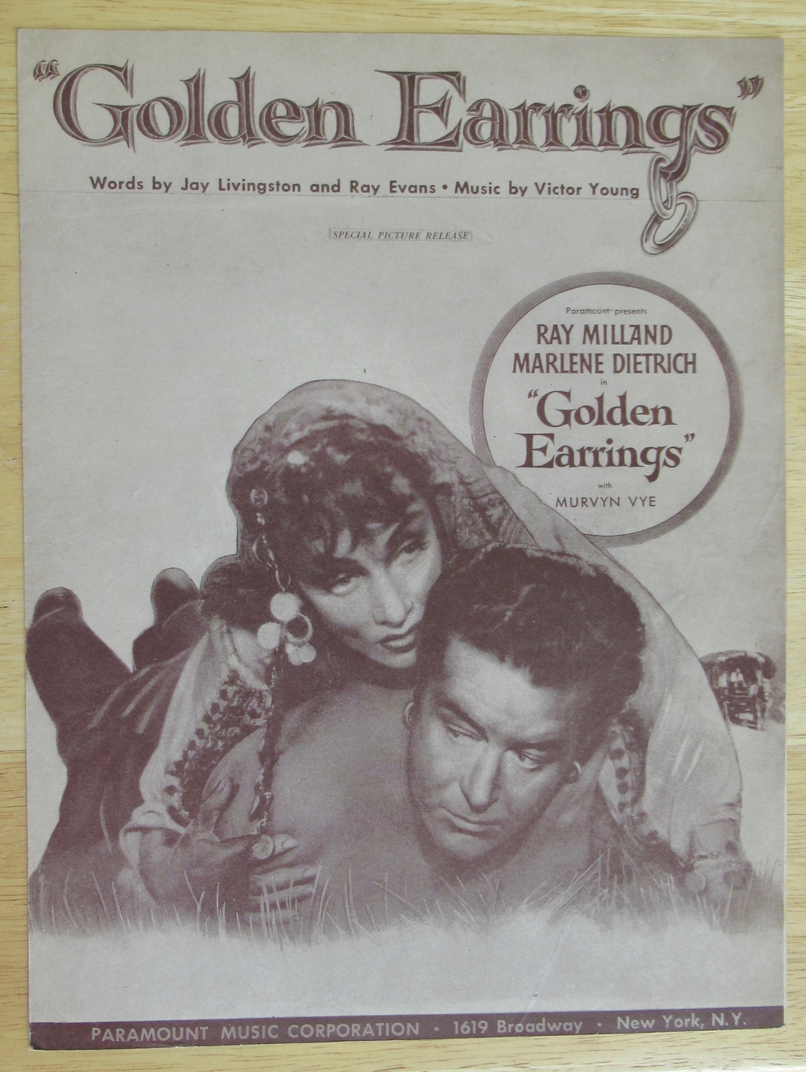 1946 Golden Earrings Sheet Music (Milland & Dietrich)