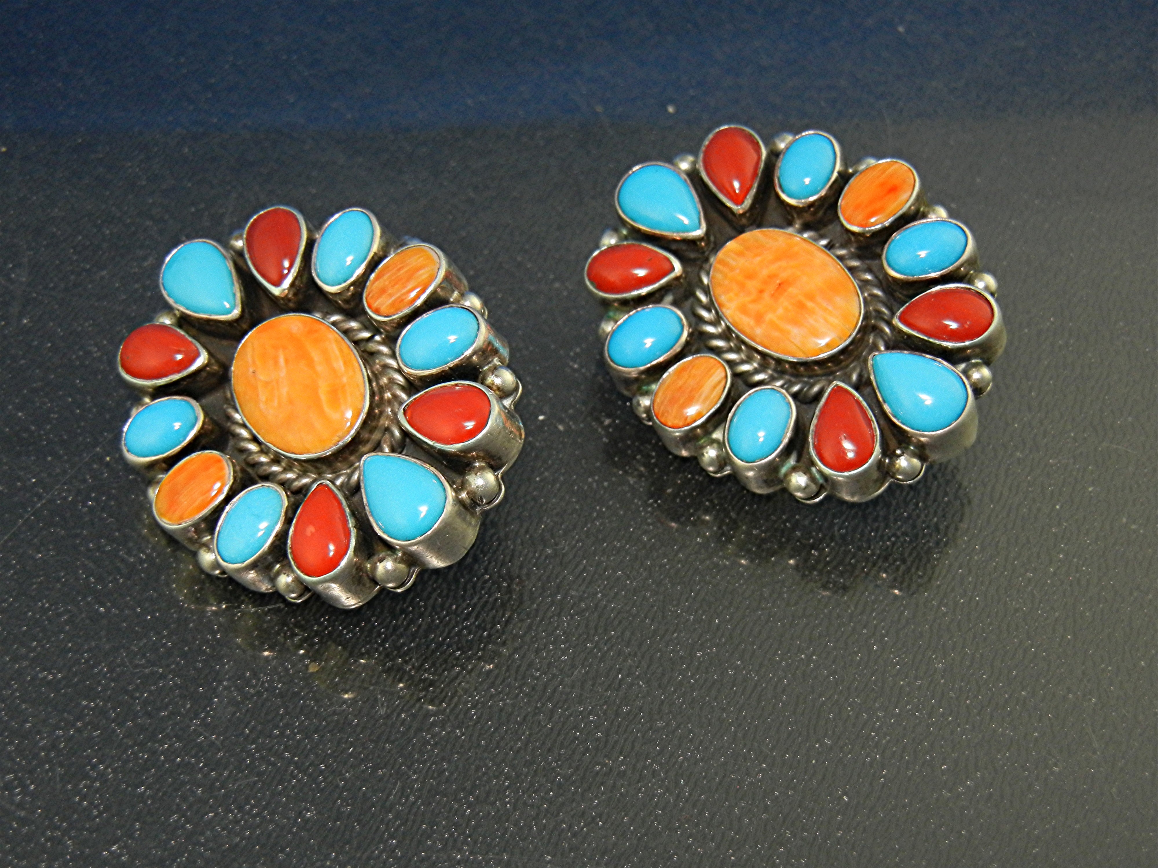 Navajo Coral Turquoise Spiny Oyster Sterling Silver Ear