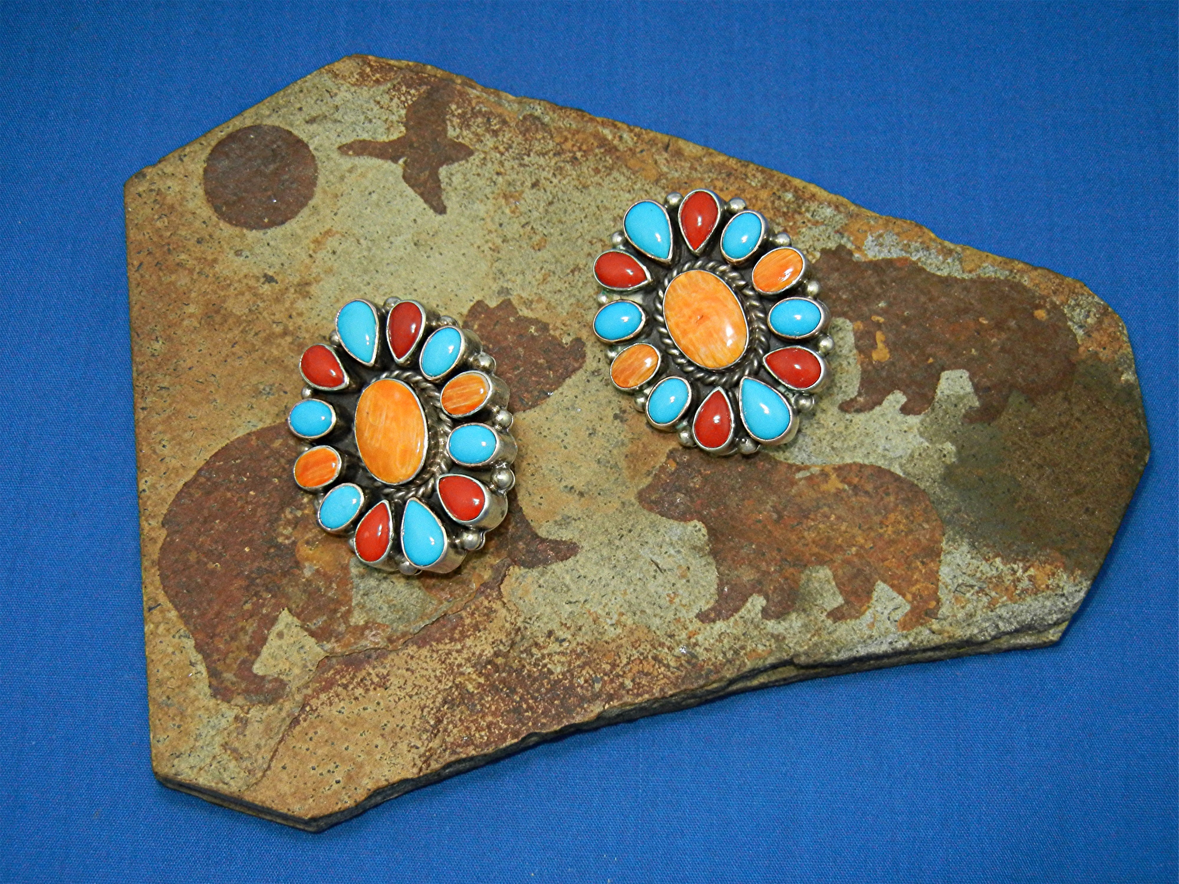 Navajo Coral Turquoise Spiny Oyster Sterling Silver Ear