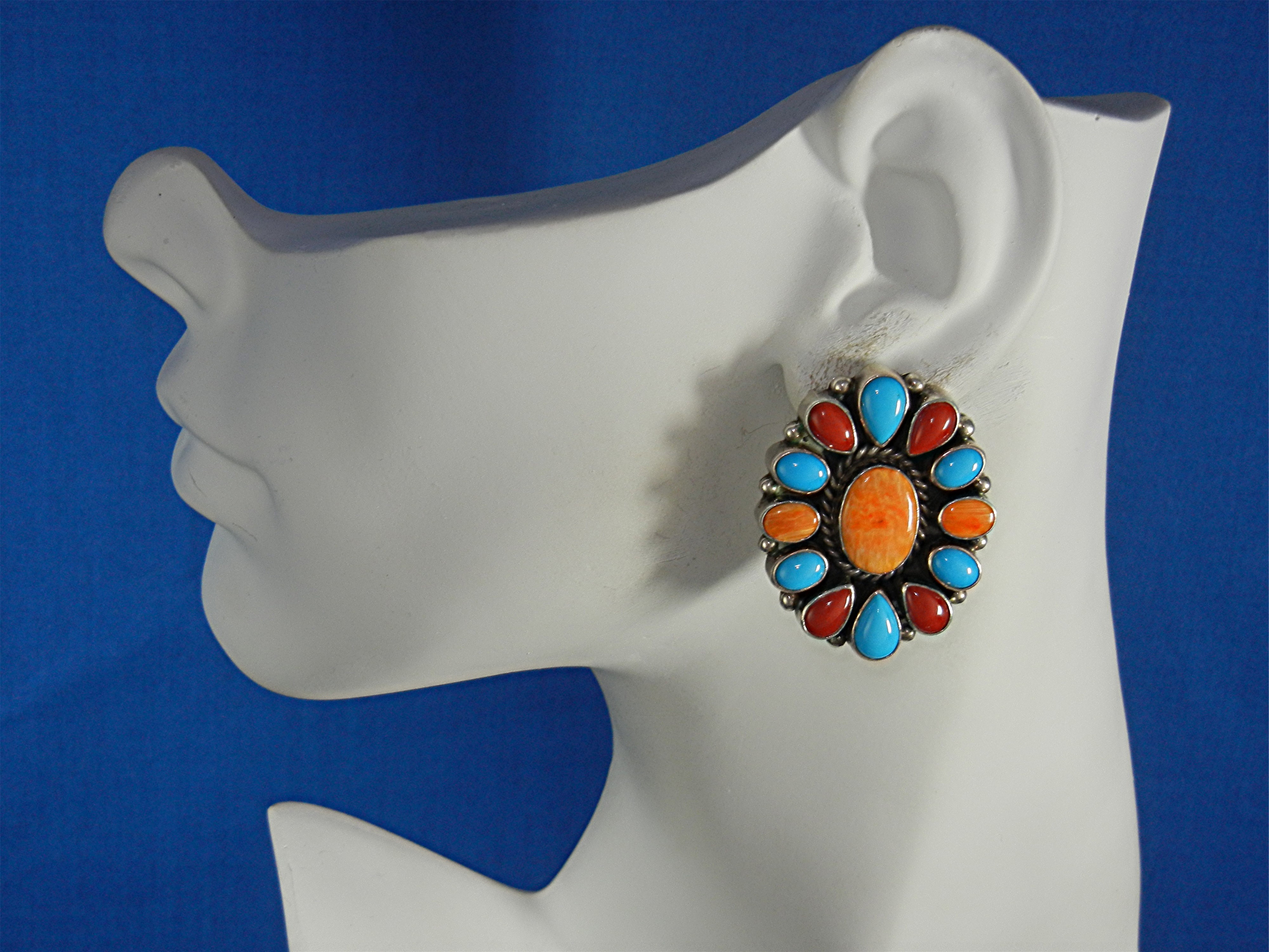 Navajo Coral Turquoise Spiny Oyster Sterling Silver Ear