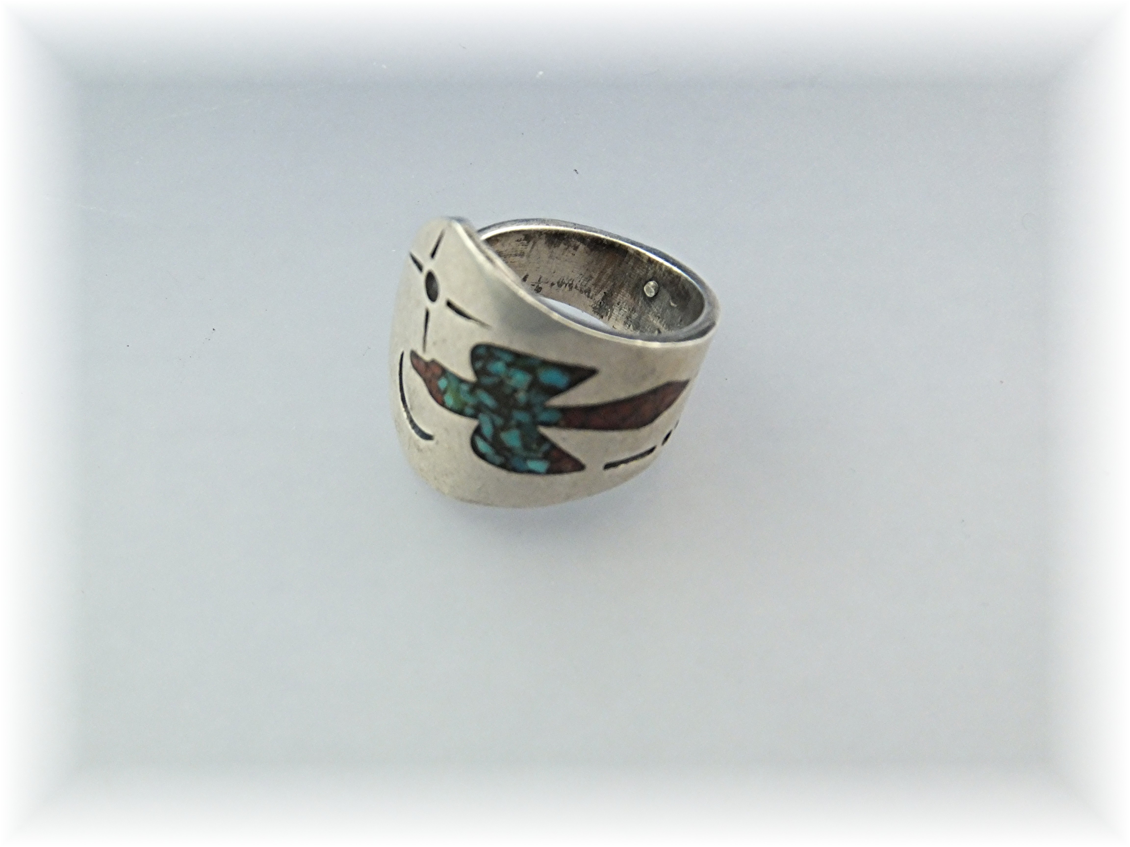 Native American Silver Coral Turquoise Chip Inlay