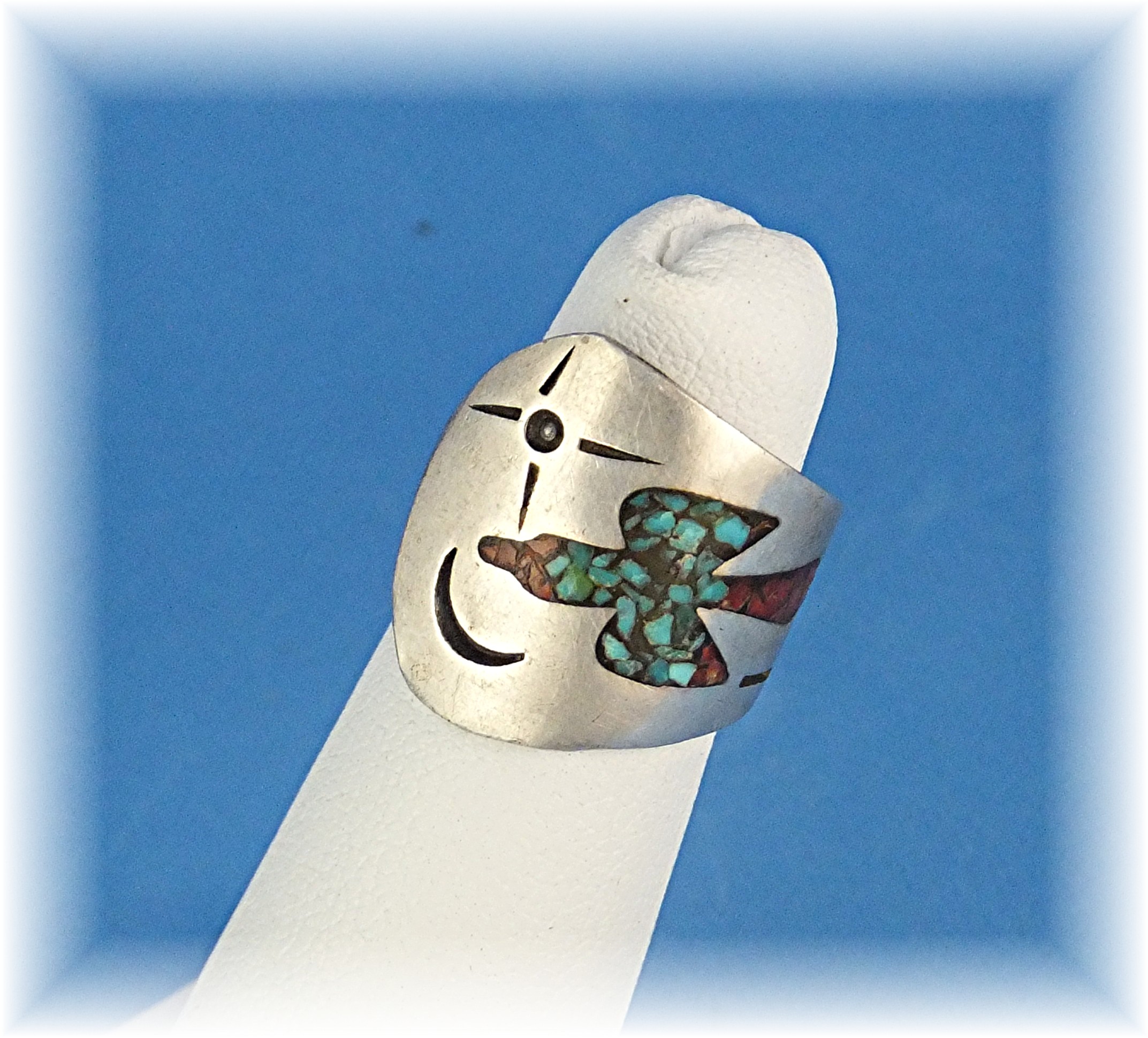 Native American Silver Coral Turquoise Chip Inlay