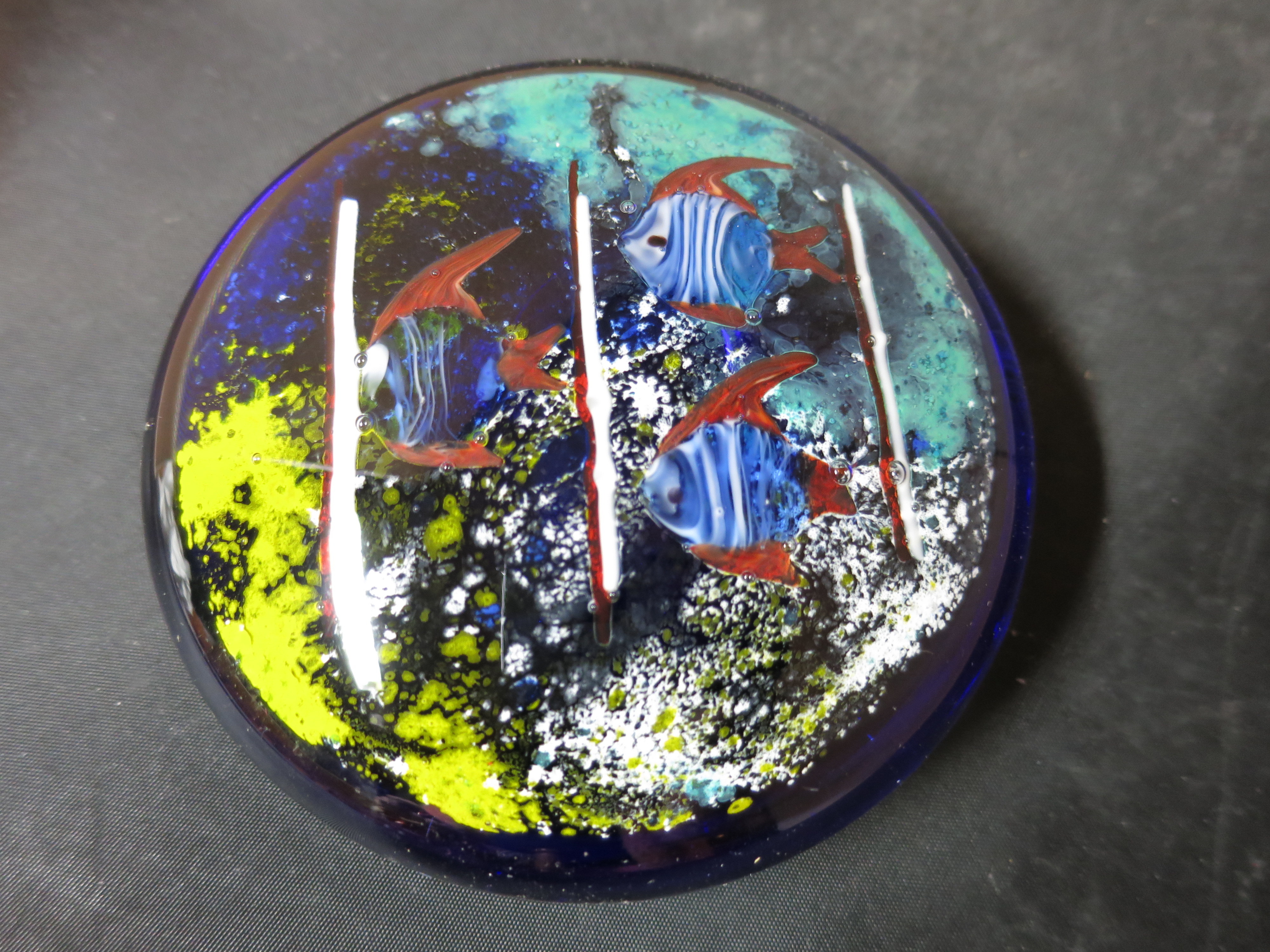 Murano Ocean Coral Reef Fish paperweight blown glass Cobalt Blue