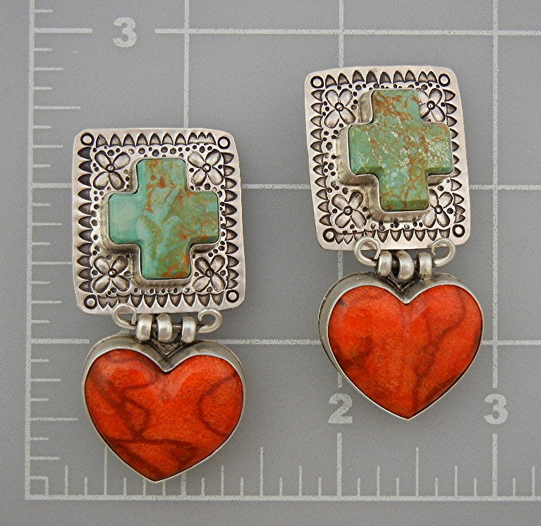 David Troutman Sterling Silver Apple Coral Turquoise Ea