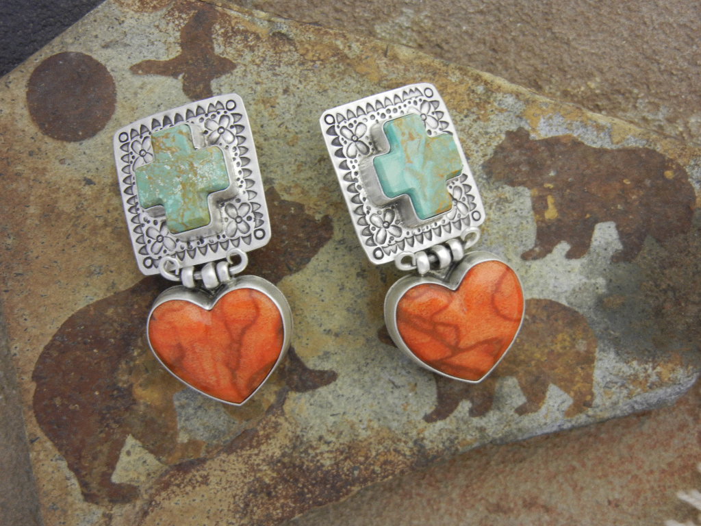 David Troutman Sterling Silver Apple Coral Turquoise Ea