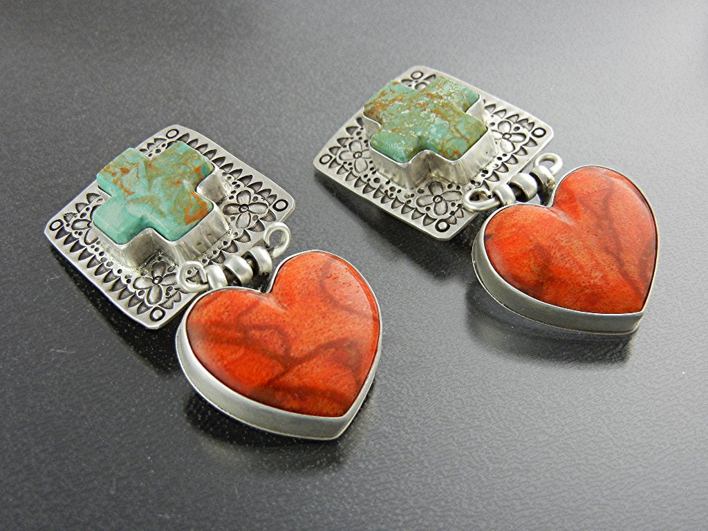 David Troutman Sterling Silver Apple Coral Turquoise Ea