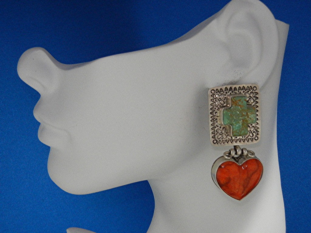 David Troutman Sterling Silver Apple Coral Turquoise Ea