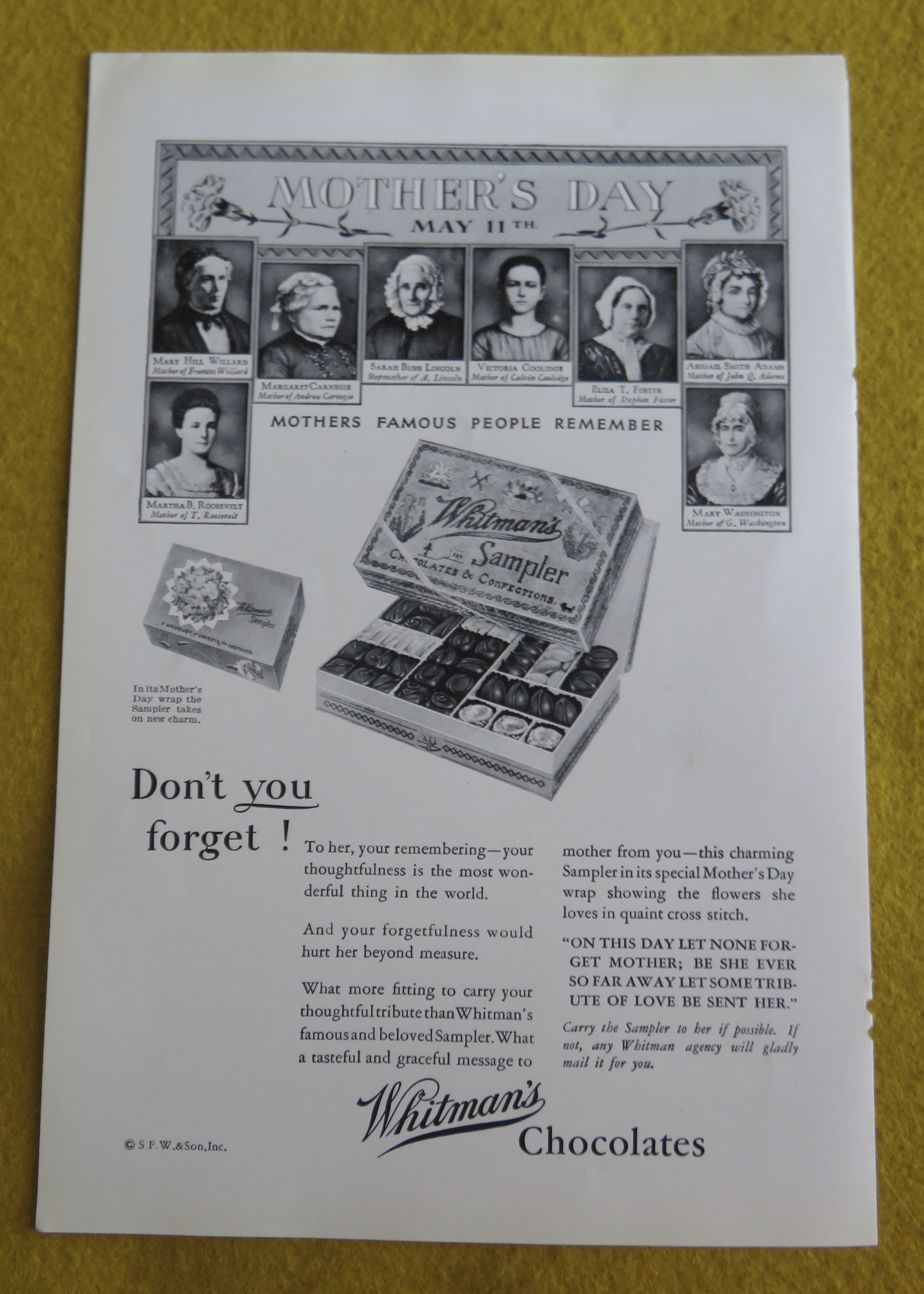 1930 Whitman's Chocolates with Famous People's Mothers