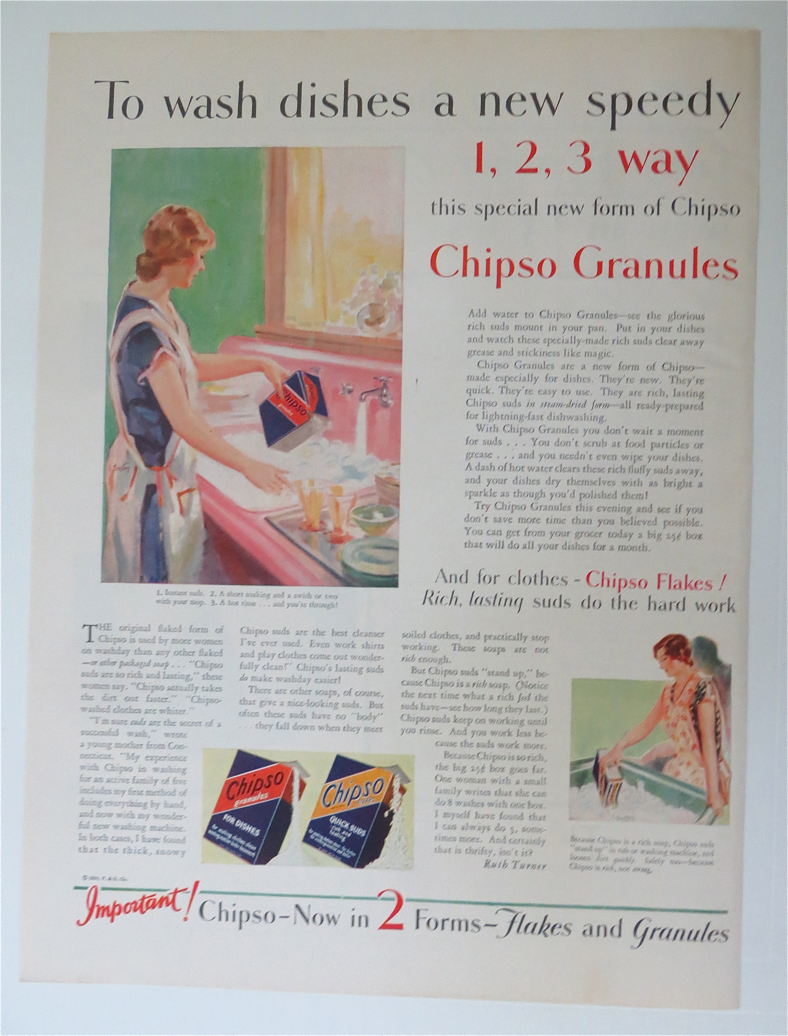 1930 Chipso Flakes & Granules with Woman Washing Dishes