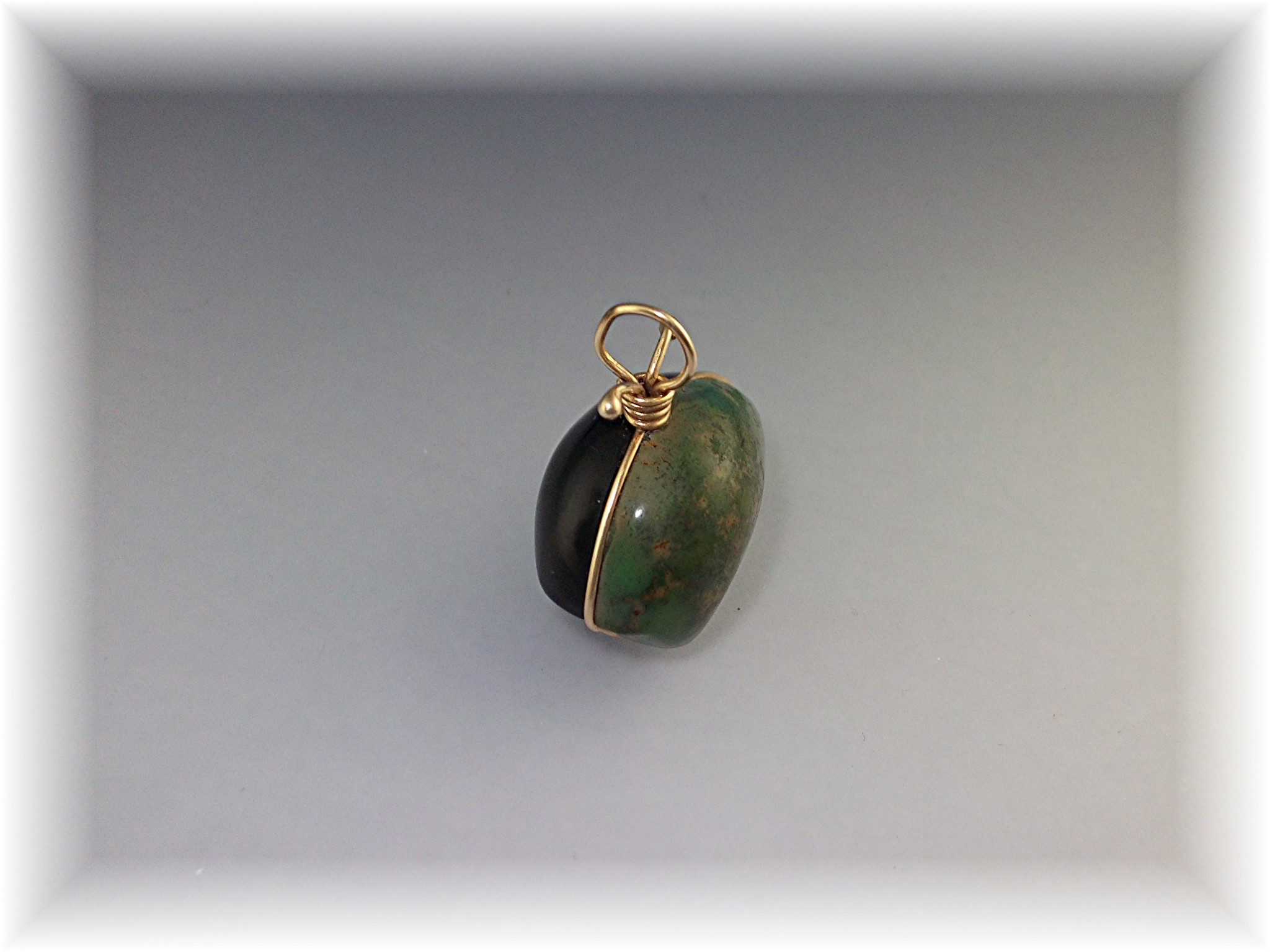 Pendant 14K Gold  Onyx Green Turquoise Signed Jackie