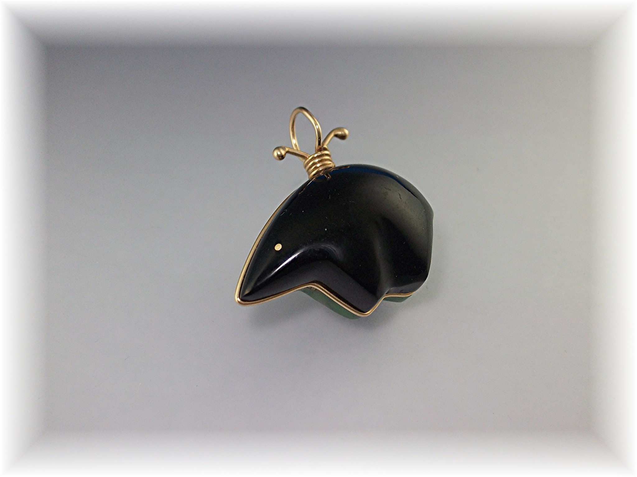 Pendant 14K Gold  Onyx Green Turquoise Signed Jackie