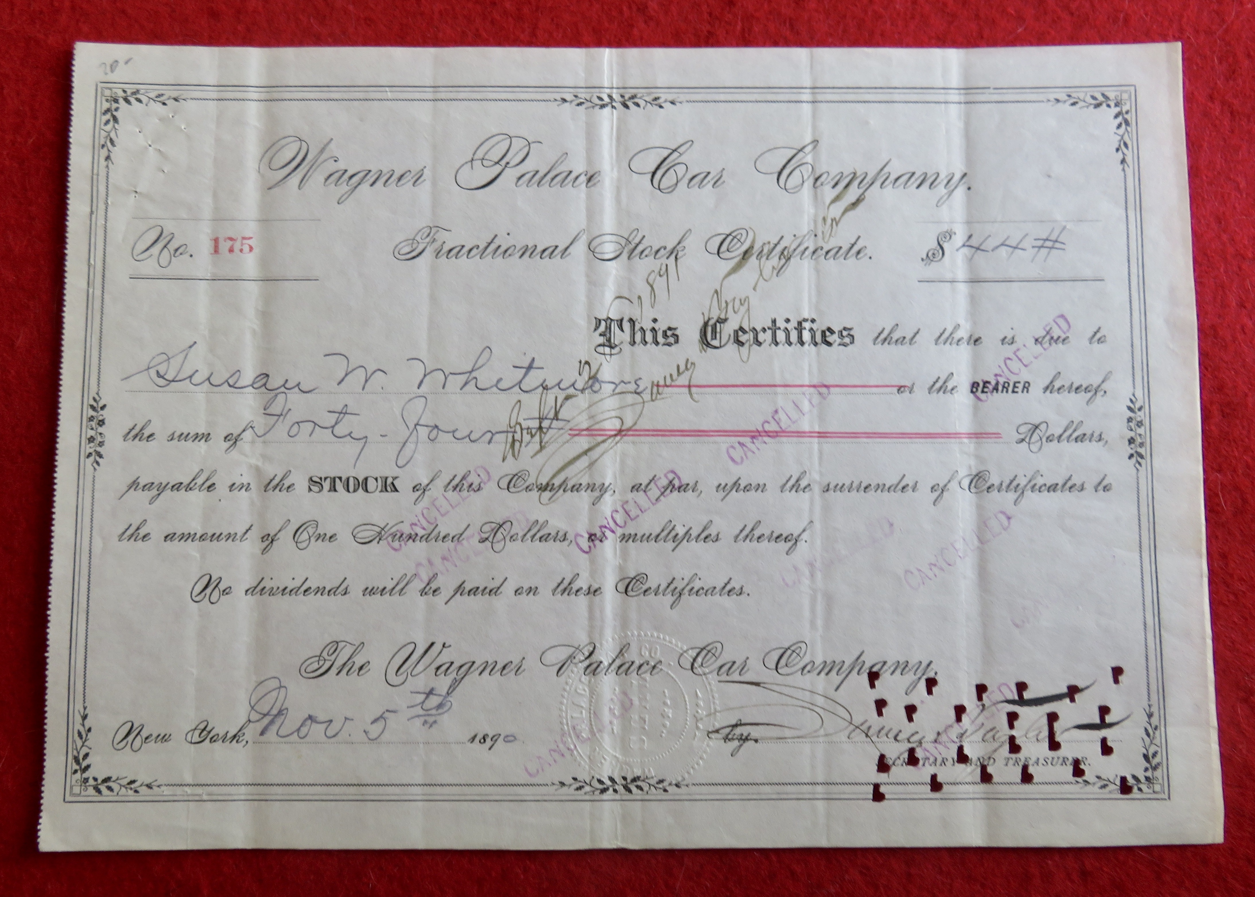 1890 Wagner Palace Car Company Stock Certificate