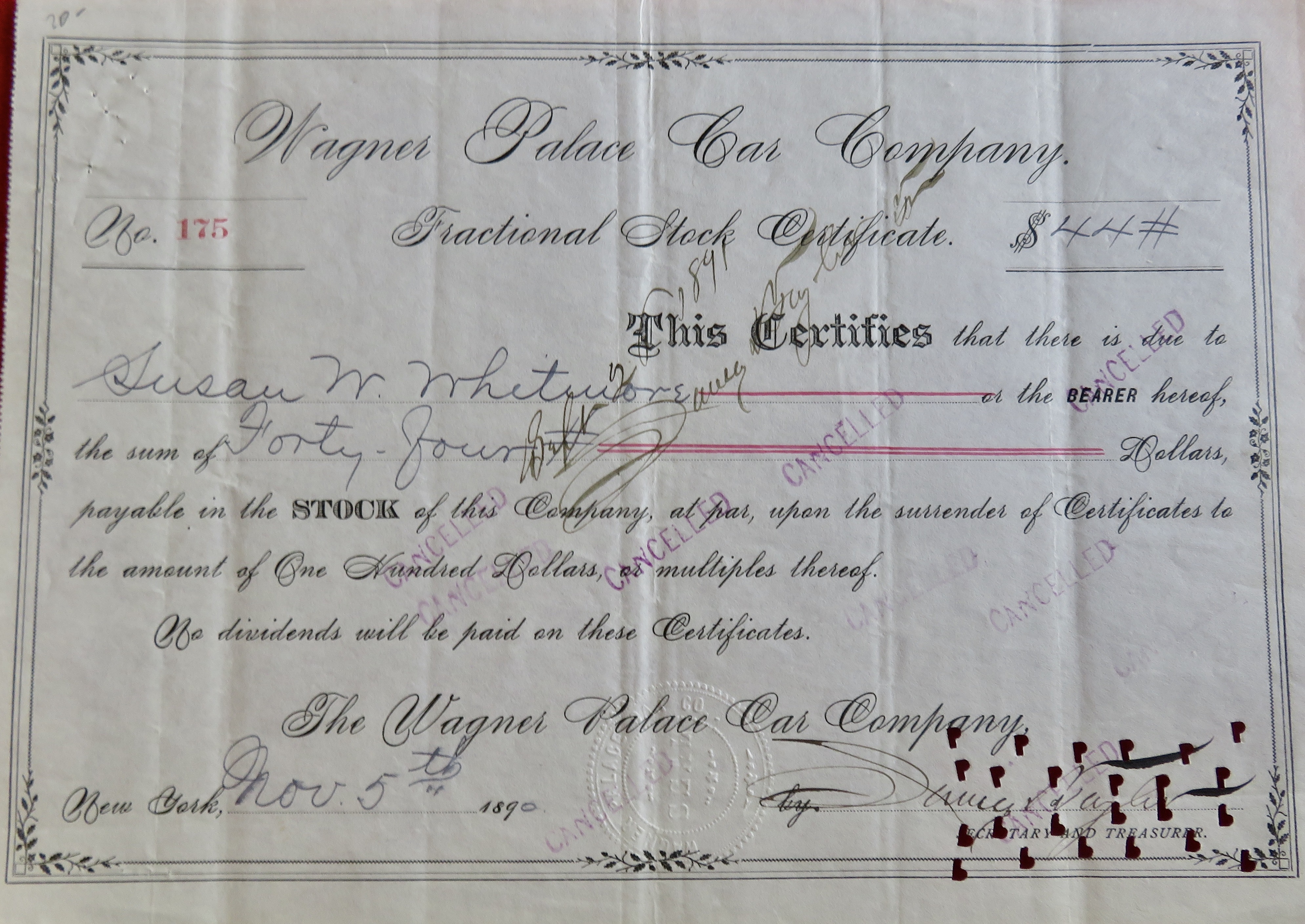 1890 Wagner Palace Car Company Stock Certificate