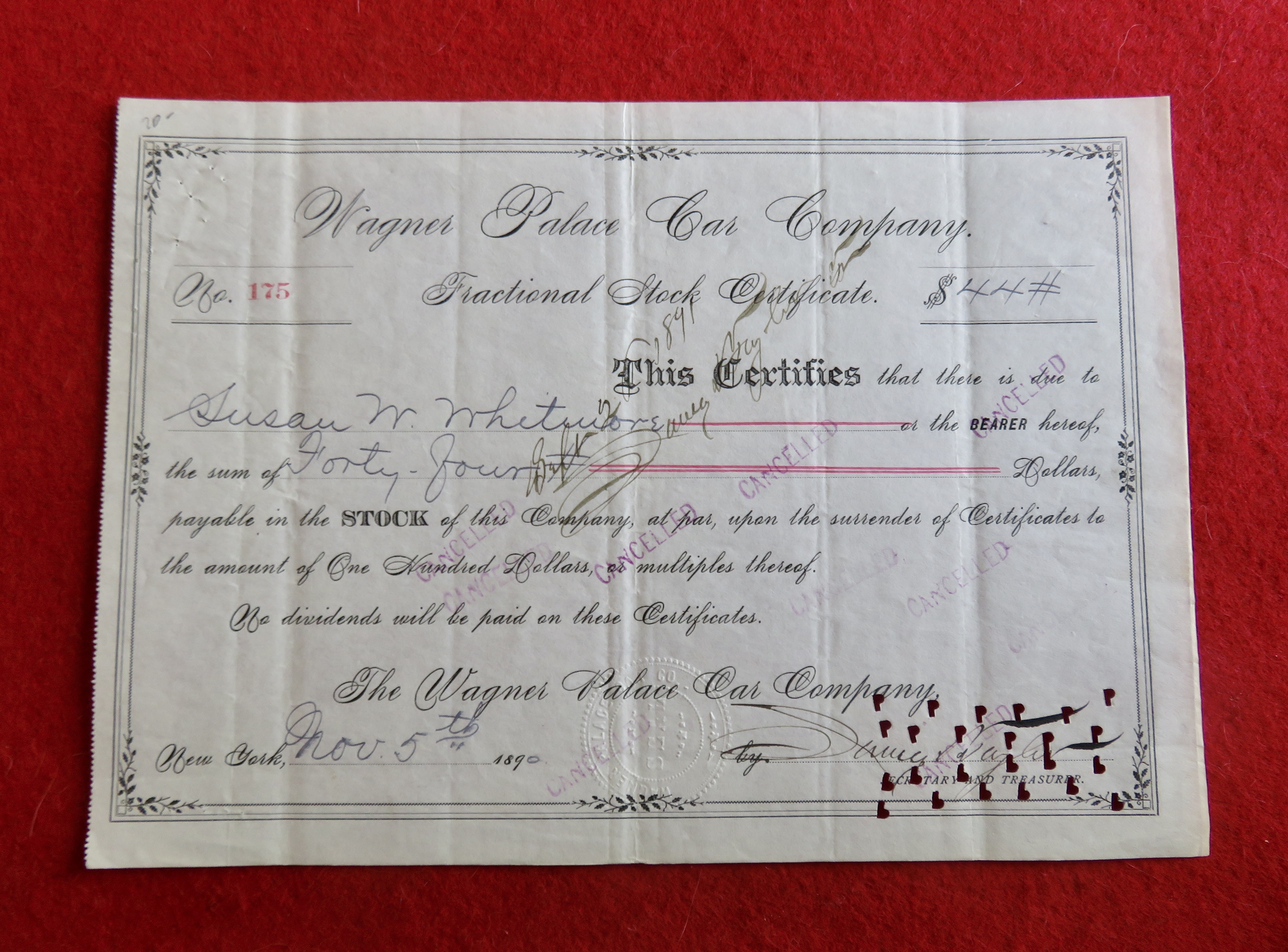 1890 Wagner Palace Car Company Stock Certificate