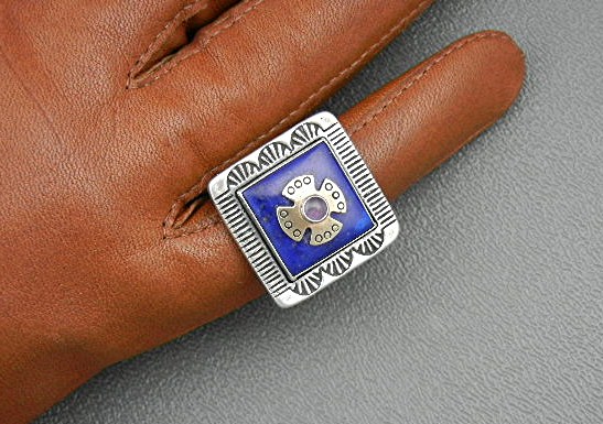 14K Gold Sterling Silver Lapis Amethyst Ring LVA