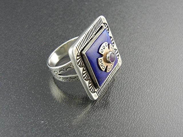 14K Gold Sterling Silver Lapis Amethyst Ring LVA