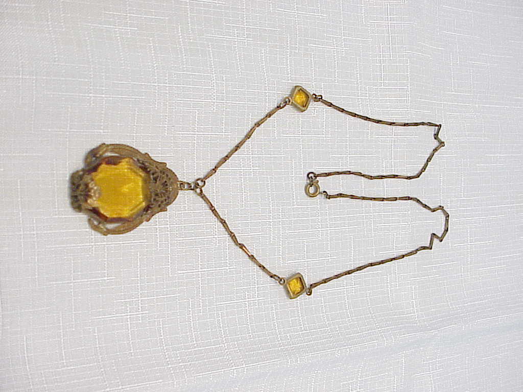 Vintage Victorian Or Art Deco Topaz Rhinestone Filigree Necklace