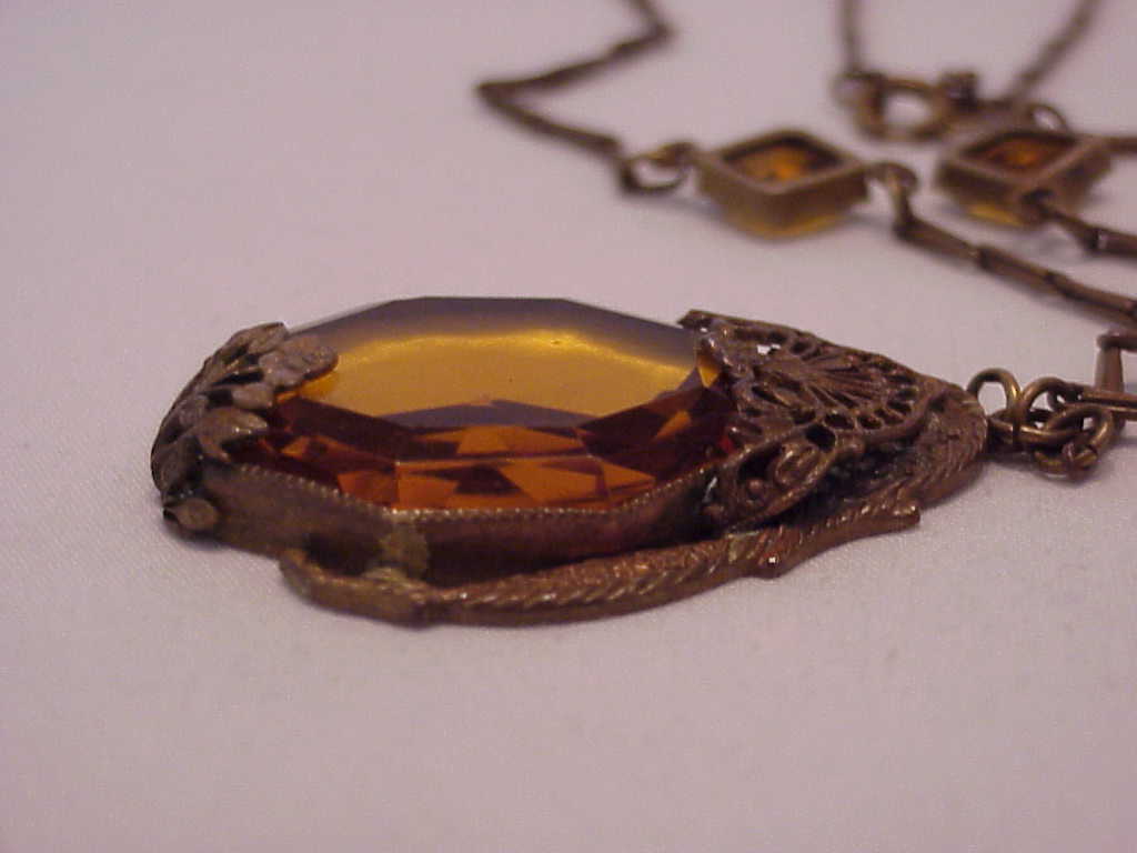 Vintage Victorian Or Art Deco Topaz Rhinestone Filigree Necklace