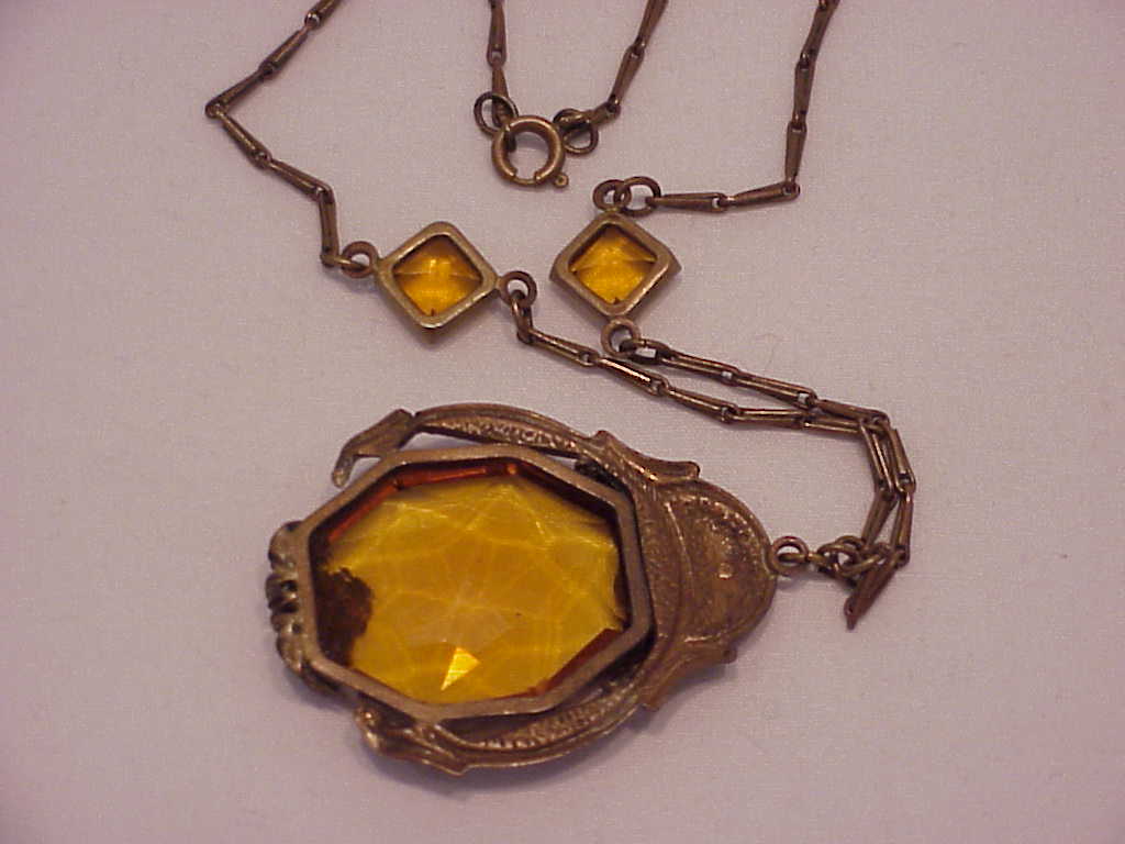 Vintage Victorian Or Art Deco Topaz Rhinestone Filigree Necklace