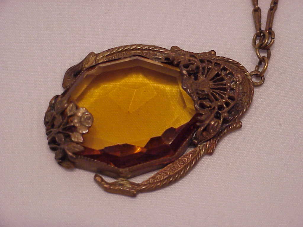 Vintage Victorian Or Art Deco Topaz Rhinestone Filigree Necklace