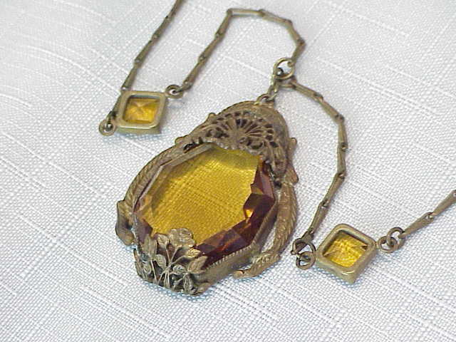 Vintage Victorian Or Art Deco Topaz Rhinestone Filigree Necklace