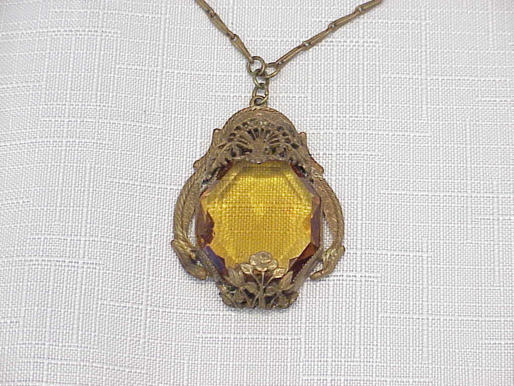 Vintage Victorian Or Art Deco Topaz Rhinestone Filigree Necklace