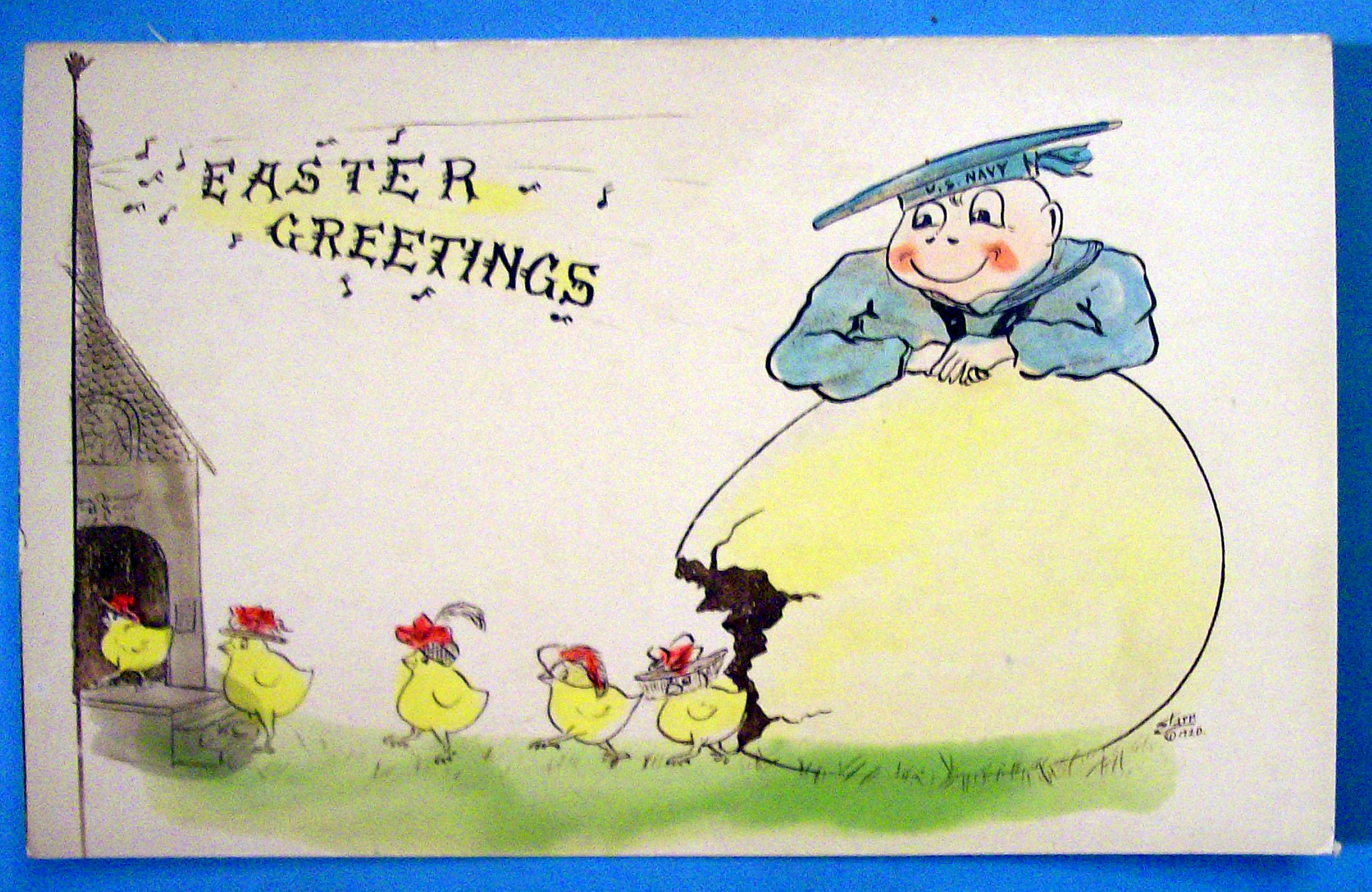 Easter Greetings Postcard w/Man Watching Chicks