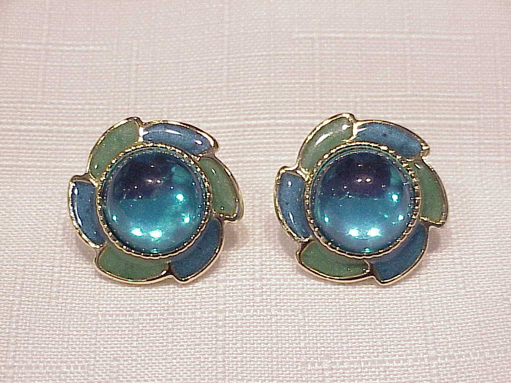 Blue And Green Enamel With Blue Cabachon Pierced Earrings