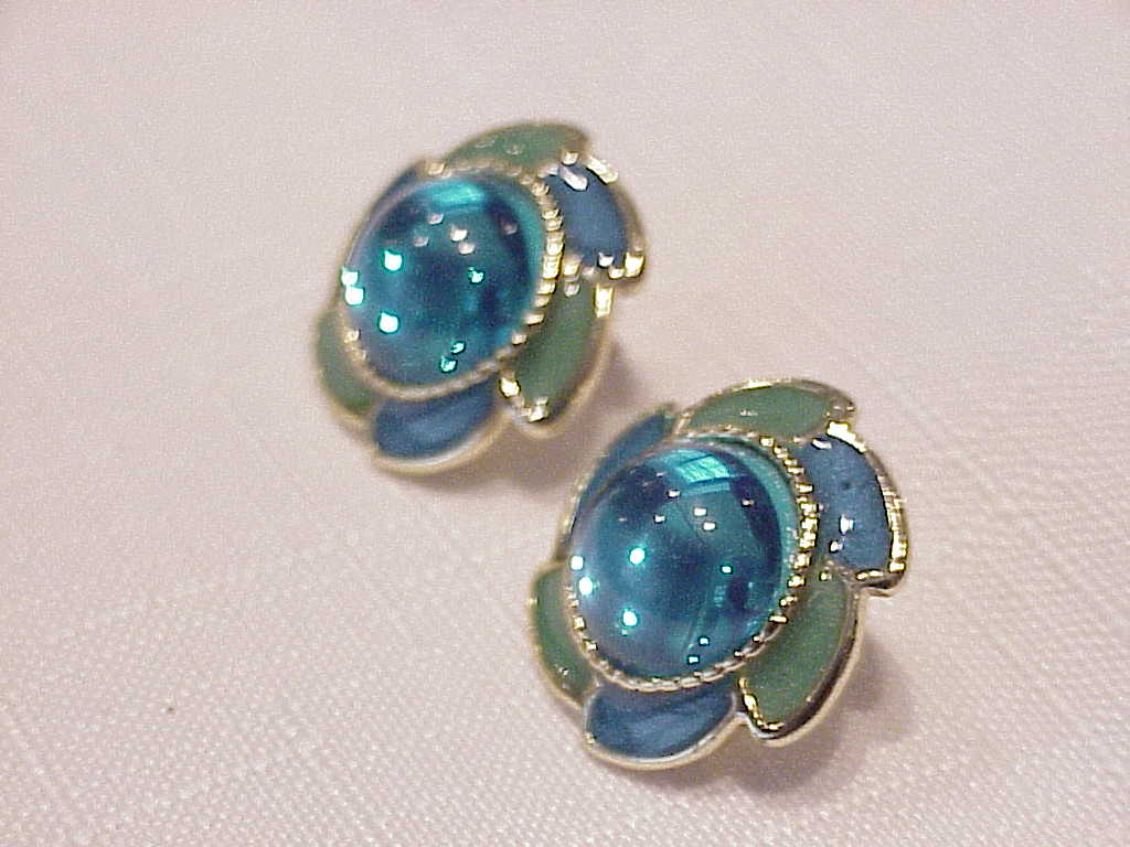 Blue And Green Enamel With Blue Cabachon Pierced Earrings