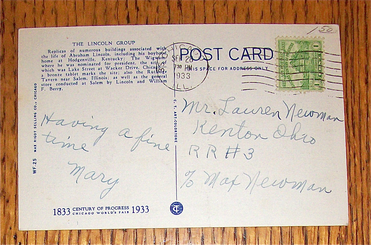 1933 Century of Progress, Lincoln Group Postcard
