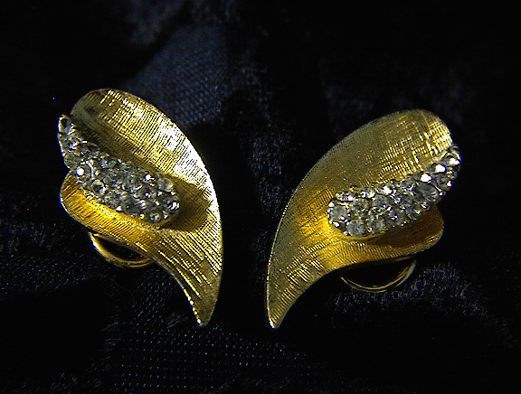 BSK Clip Earrings Goldtone Rhinestone