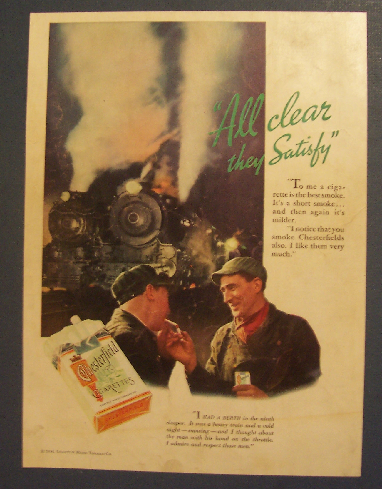 1934 Chesterfield Cigarettes w/Two Men By the Railroad
