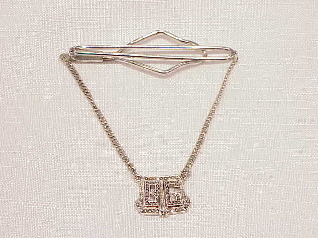 Art Deco Sterling Silver Marcasite Tie Clasp Clip With Initials B G