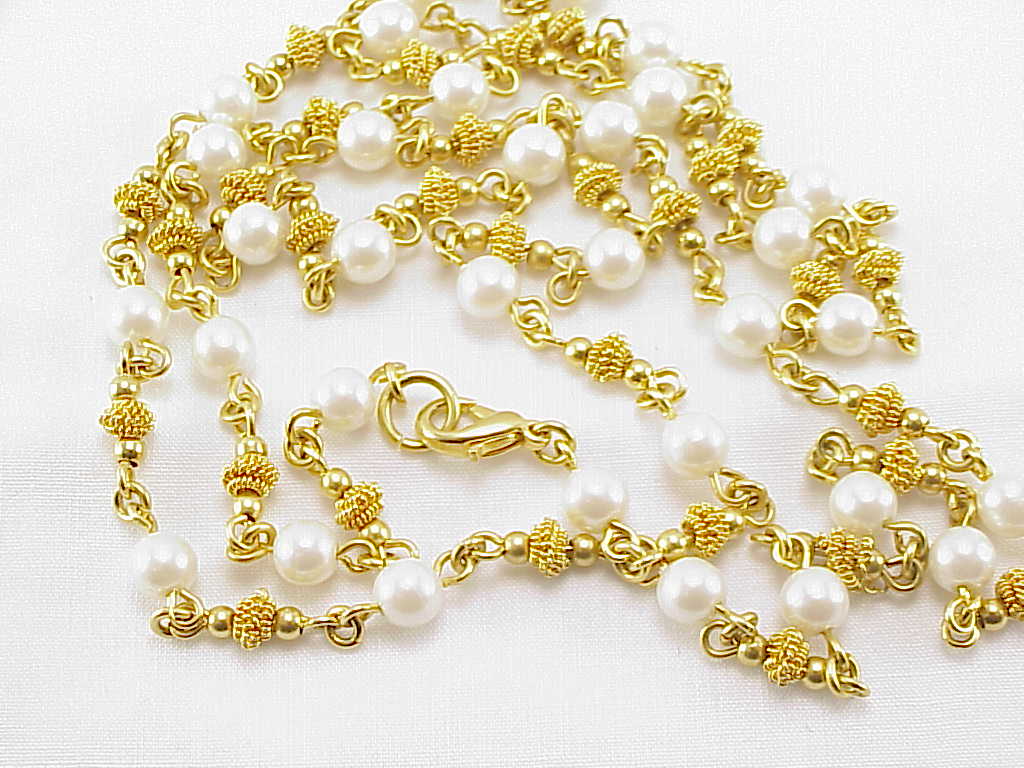 Long Matte Gold Tone Bead And Pearl Necklace