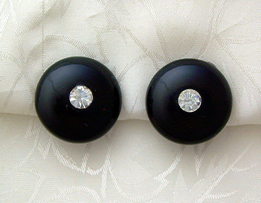 Black Bakelite Lucite Rhinestone Clip Earring