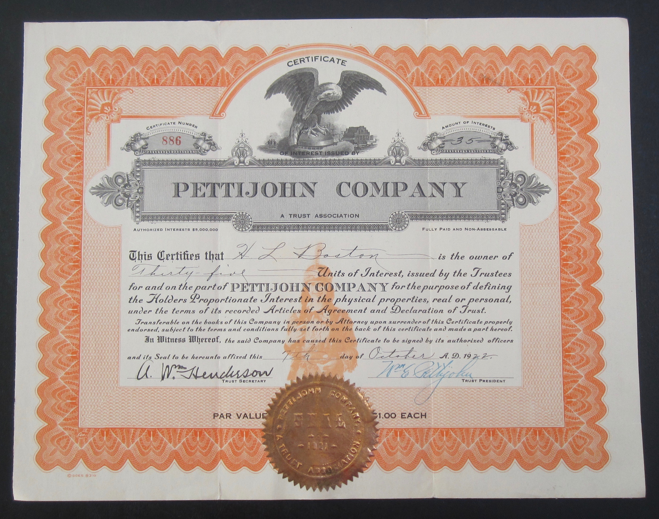 1922 Pettijohn Company Stock Certificate