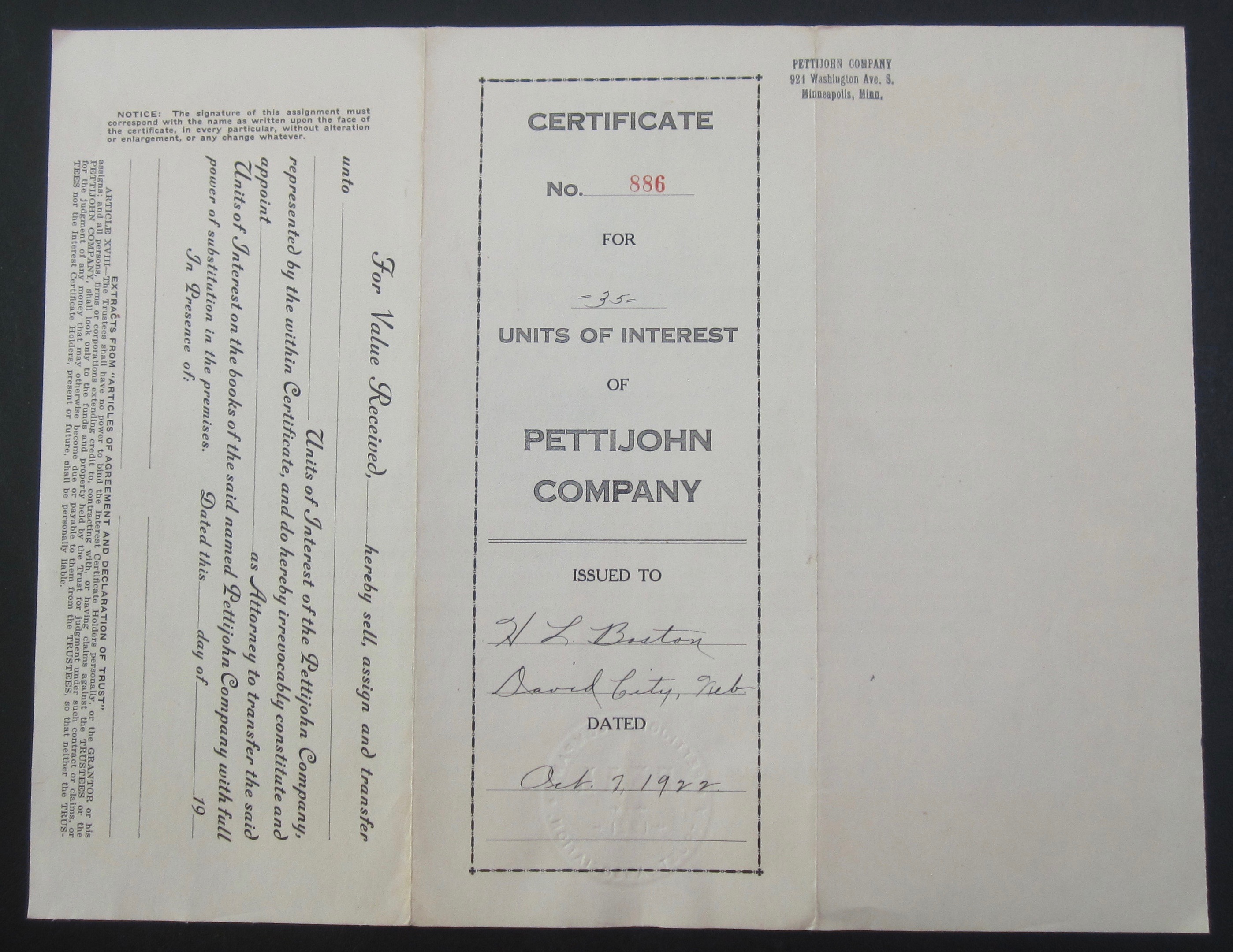 1922 Pettijohn Company Stock Certificate
