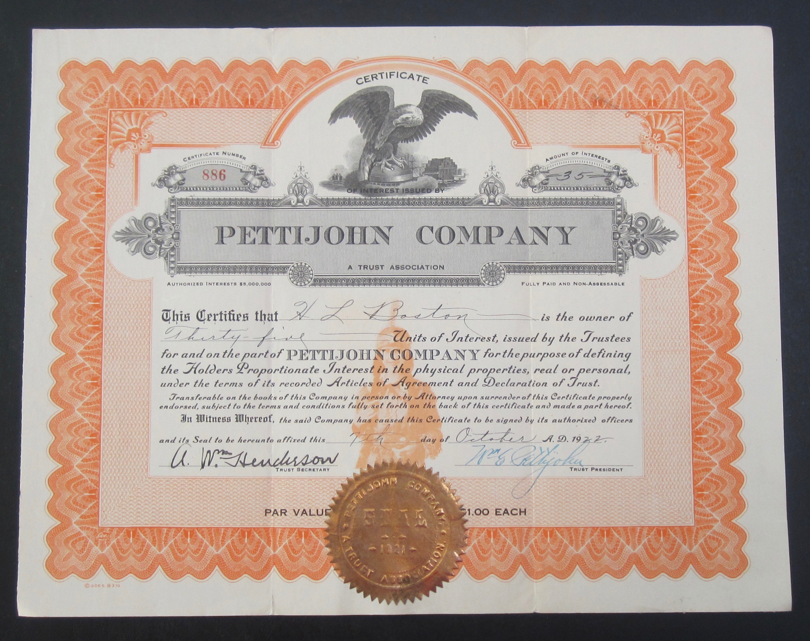 1922 Pettijohn Company Stock Certificate
