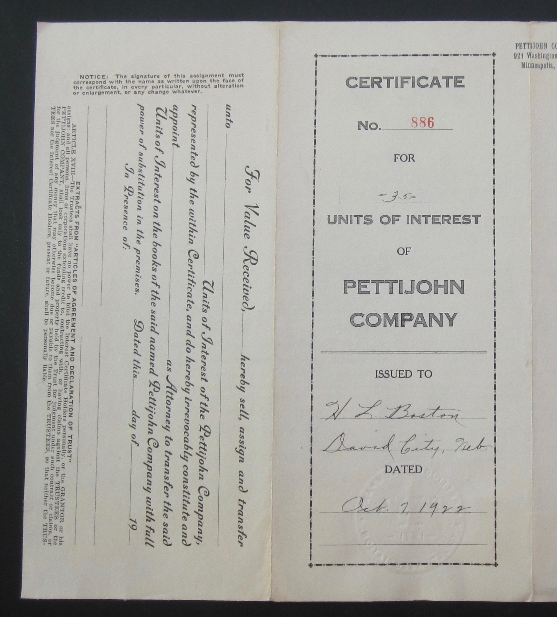 1922 Pettijohn Company Stock Certificate