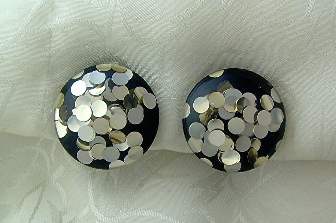 Black & Silver Bakelite Lucite Clip Earrings