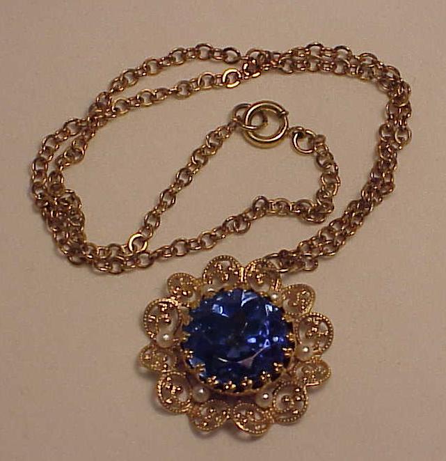 Vintage Blue Rhinestone And Pearl Filigree Pendant Necklace