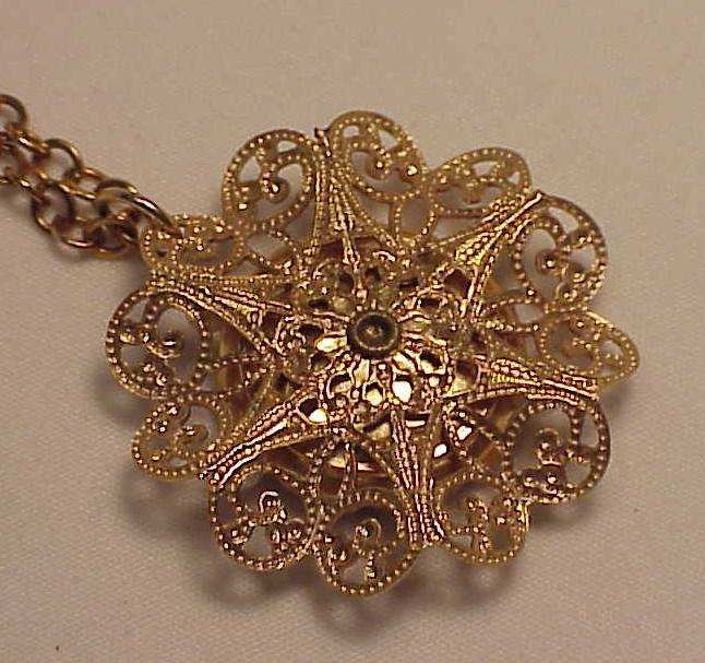 Vintage Blue Rhinestone And Pearl Filigree Pendant Necklace