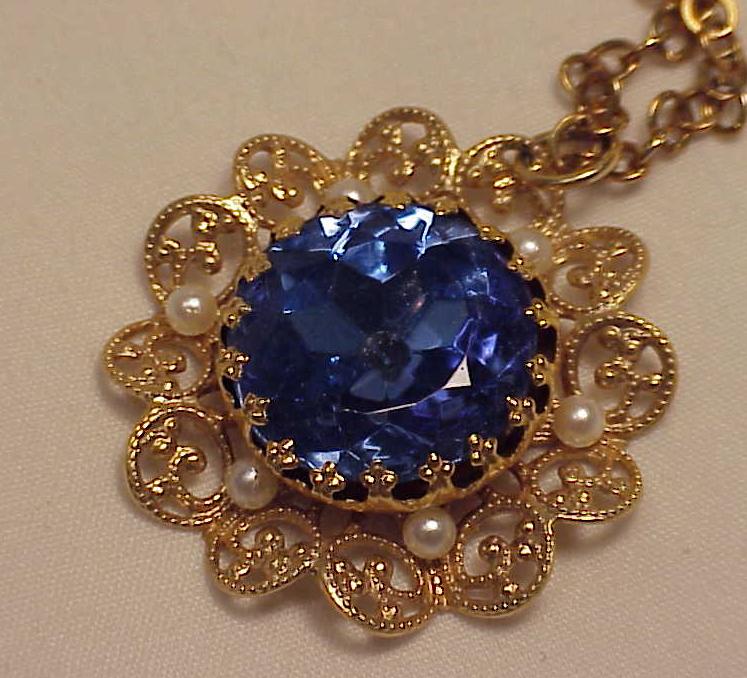 Vintage Blue Rhinestone And Pearl Filigree Pendant Necklace