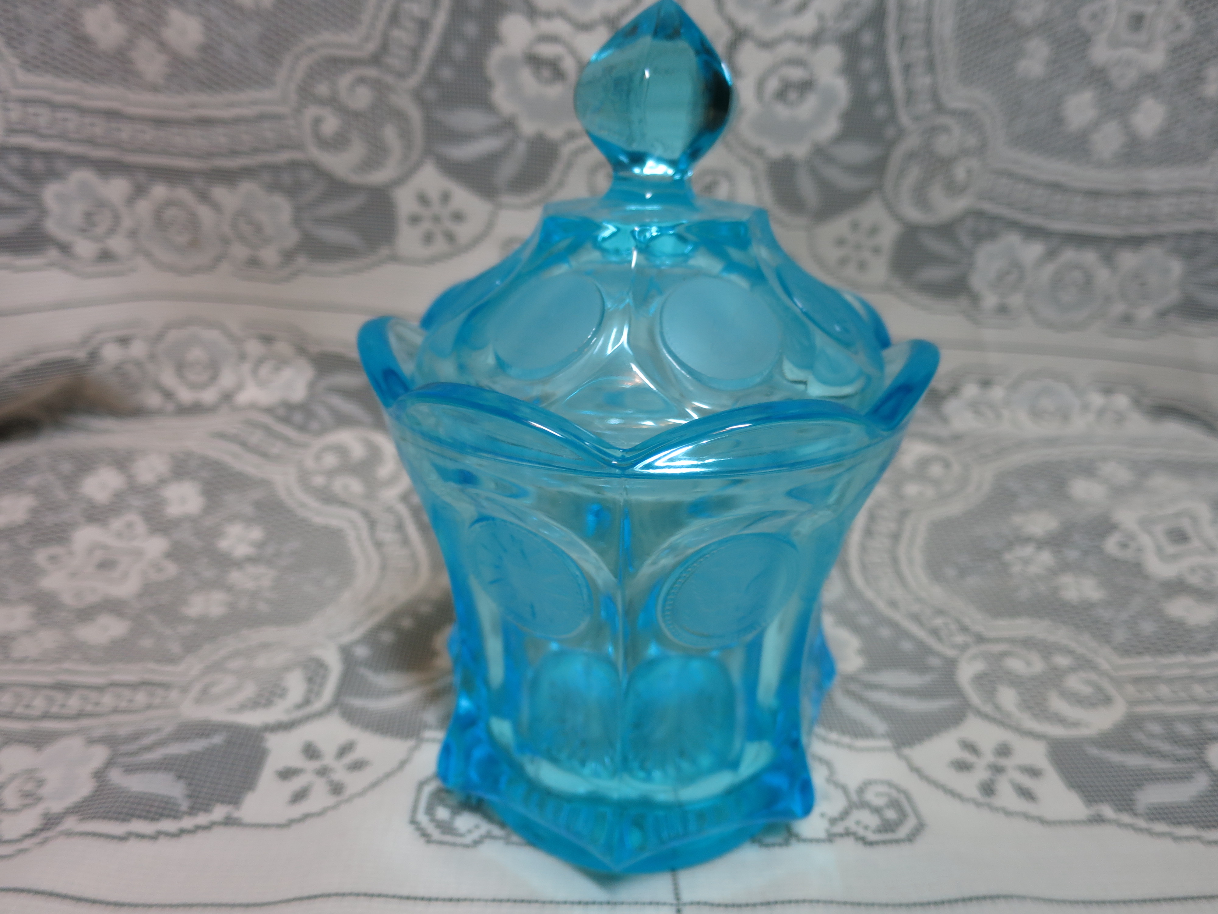 Fostoria Blue Coin Glass Sugar Bowl with lid