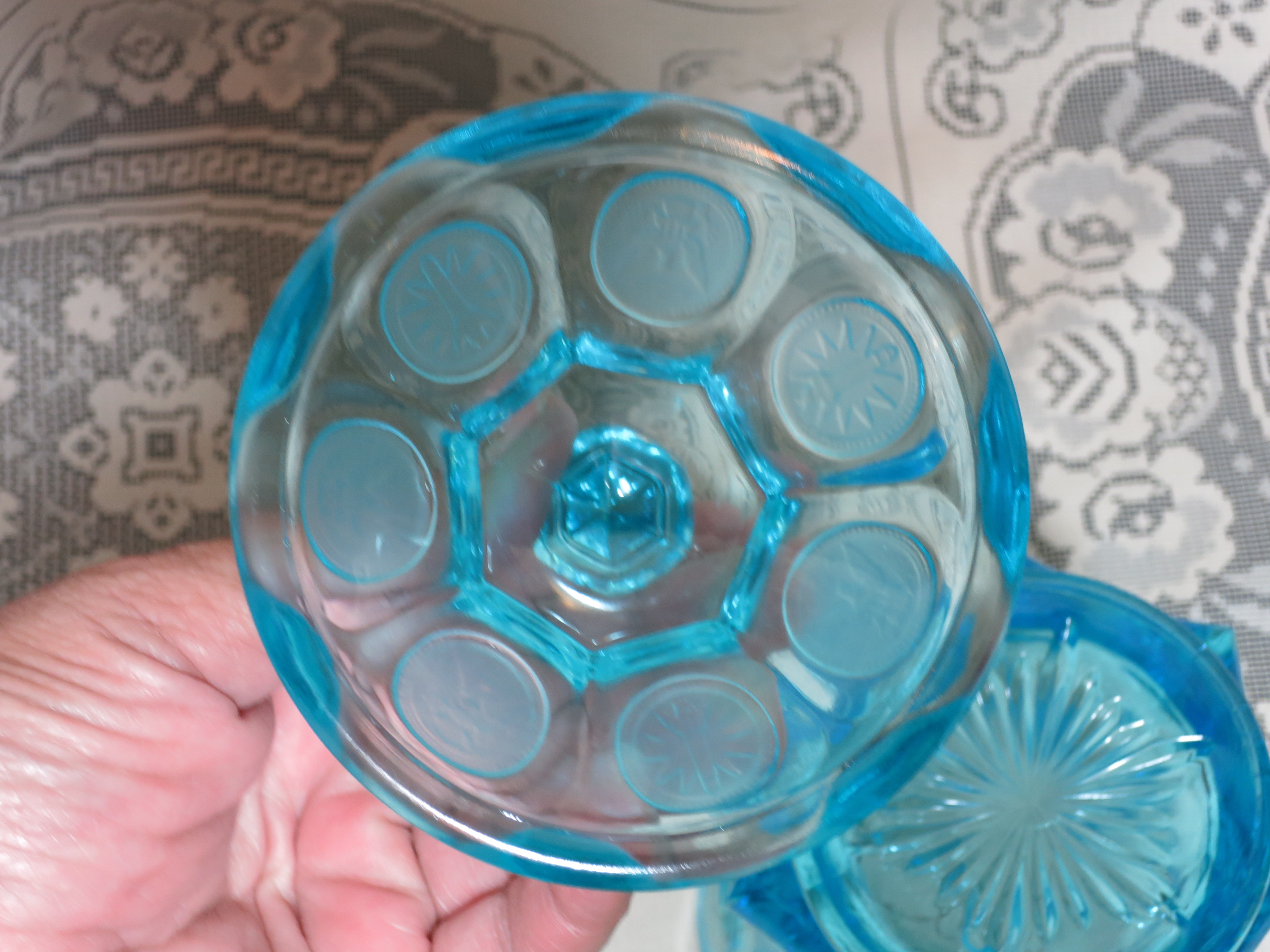 Fostoria Blue Coin Glass Sugar Bowl with lid