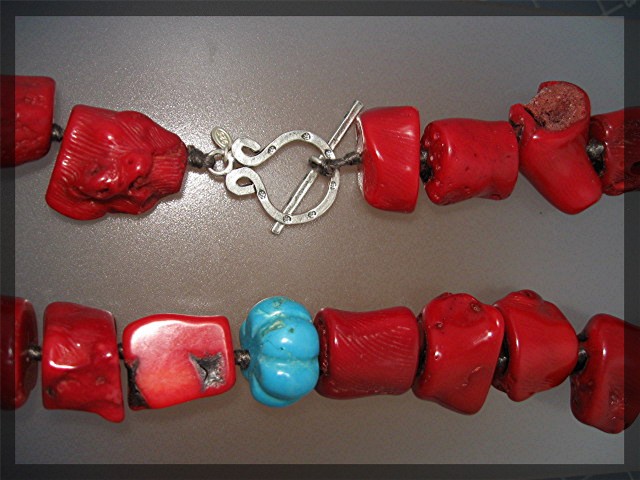 Coral Turquoise Sterling Silver Toggle Clasp Necklace