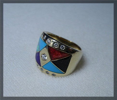 Ring 18K Gold Diamond Turquoise Coral Onyx Opal